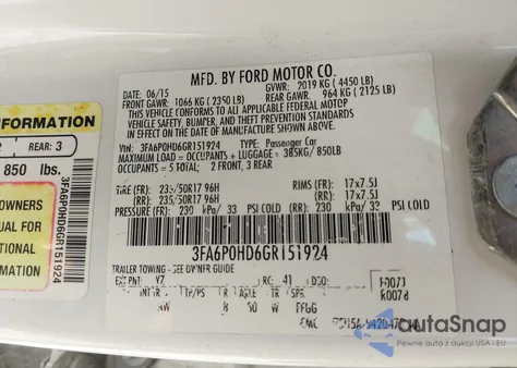 2016 Ford Fusion Se из США, поврежденный, VIN 3FA6P0HD6GR151924
